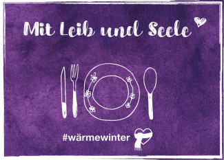 Plakat mit Essgeschirr und Beschriftung "Mit Leib und Seele"